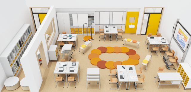 Draufsicht eines Klassenraums mit Schülertischen in Gruppen und Sitzkreis in der Mitte