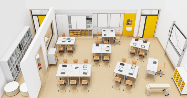 Draufsicht eines Klassenraums mit Schülertischen in Gruppen