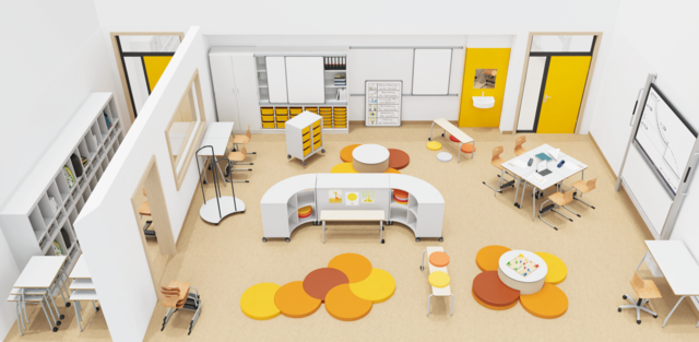 Draufsicht eines Klassenraums mit Schülertischen, Bodenmatten und dazwischen zonierenden Regalen