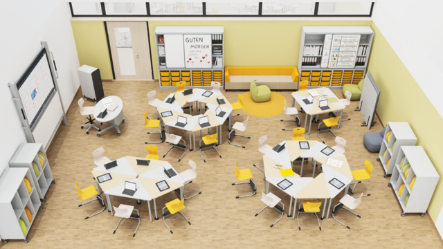 Draufsicht eines Klassenraums mit gruppierten Dreieckstischen, Leseecke und Schränken 