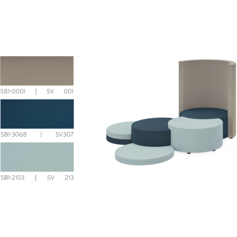 Rendering JOYN-Sitzelement und COCOON-Rückwand in Farbkombination PROTEX Dunkelblau, Eisblau, Beige