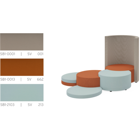 Rendering JOYN-Sitzelement und COCOON-Rückwand in Farbkombination PROTEX Orange, Eisblau, Beige