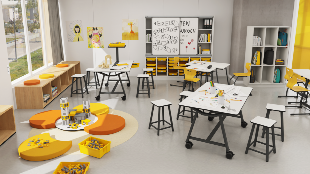 FLEXLABJunior Ganztag spielerisches Lernen Der Gruppentisch FLEXLAB® von ASS-Einrichtungssysteme GmbH im Ganztag als Spielestation zum Bauen und Basteln.